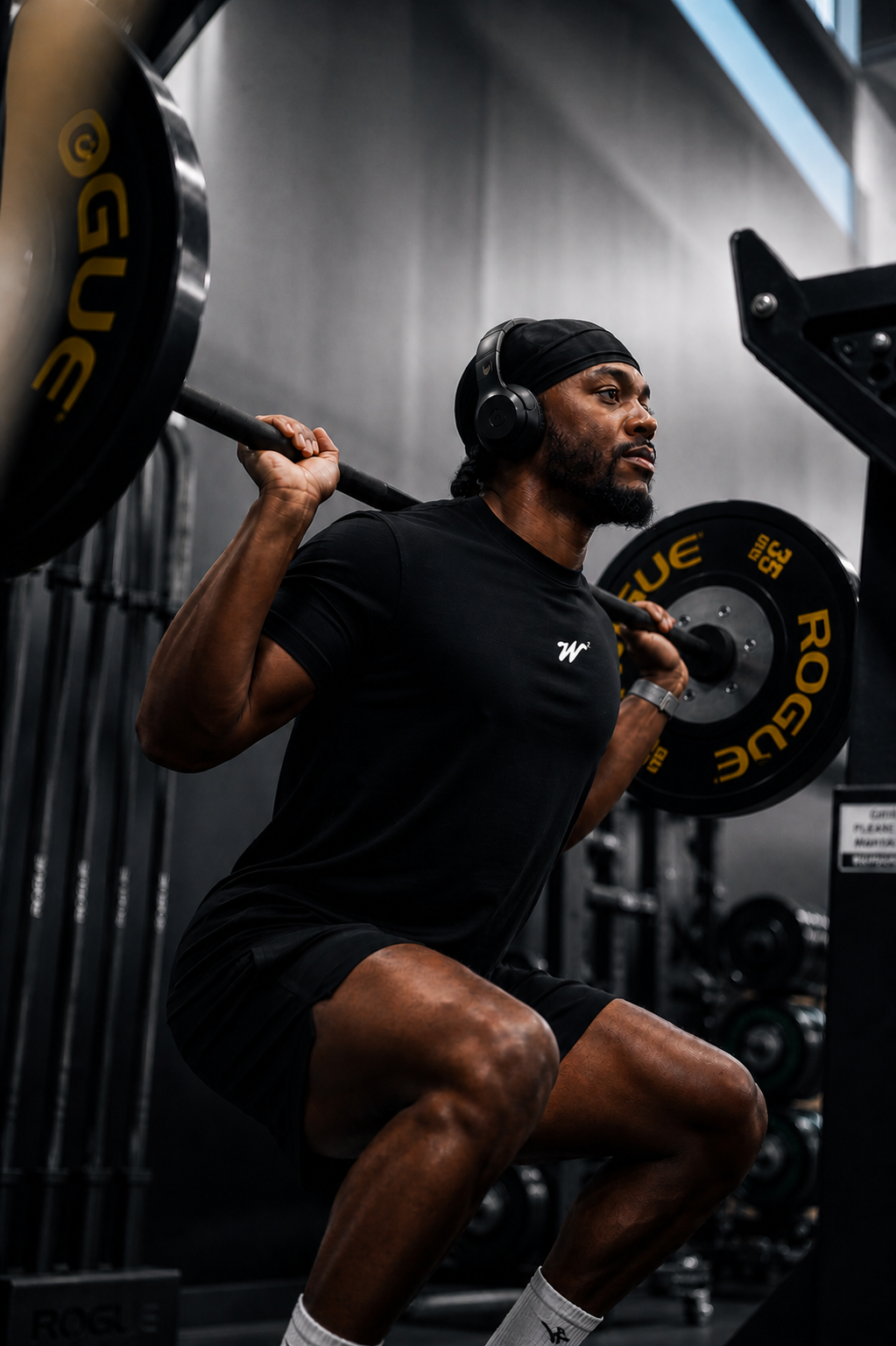 Model wearing Woke&Wavey men’s splash gym tee during strength training
